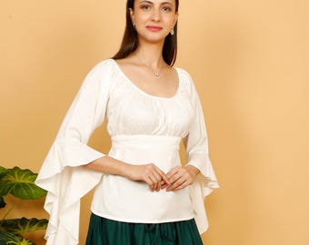 Long Off White Bohemian Blouse With Medieval Princess Style Ruffled Sleeves || Plain Viscose Empire Waist Gathered Neckline Wedding Bodice