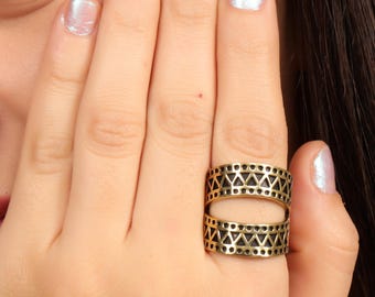Minimalist Geometric Brass Ring | Vintage Tribal Open Band | Adjustable Statement Ring | Textured Brass Jewelry | Boho Modern Ring