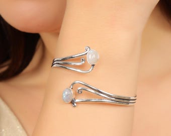 Brass Swirl Cuff Bracelet | Adjustable Bohemian Dual Stone Setting Jewelry