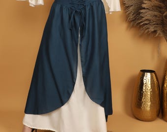 Double Tone Medieval Skirt | Petrol & Off White Panel Skirt | Corset Belt Ren Fair Skirt | Medieval  Outfit | Layered Fantasy Maxi Skirt