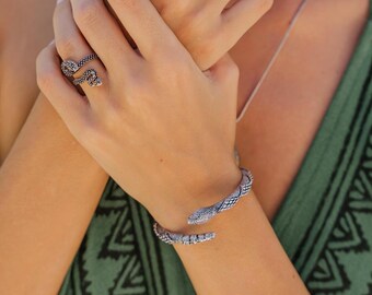 Snake Adjustable Boho Cuff || Brass Rattlesnake Adjustable Bracelet ||  Ethnic Serpentine Wristband || Ancient Mystical Symbol Bangle