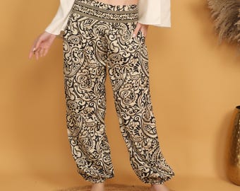 Boho Paisley Harem Pants | Cream Black Golden Print Trousers
