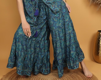 Boho Paisley Wide Leg Pants | Teal Blue Palazzo Pants | High Waist Gypsy Trousers | Festival Bohemian Clothing | Flowing Hippie Pants