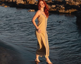 Free Size  Natural Material Dress || Bohemian Vegetable Dye Dress || Hemp Backless Dress || Beige Alter Block Printed dress