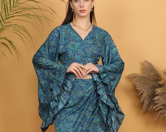 Boho Teal Paisley Wrap Top | Flowy Bell Sleeve with Frill | Statement Bohemian Festival Blouse