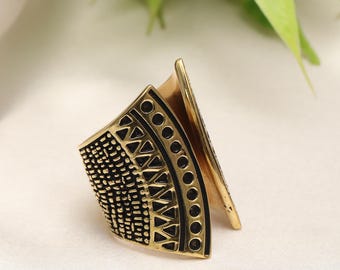 Ethnic Open Cuff Ring | Geometric Brass Statement Ring | Minimalist Tribal Design | Adjustable Wide Ring | Modern Boho Jewelry