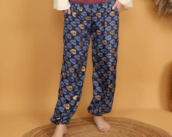 Boho Leaf Print Relaxed Fit Trousers, Dark Blue Golden Accents, Bohemian Style Pants