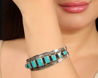 Ethnic Boho Statement Cuff Bracelet |  Native American Inspired Rectangular Stone Tribal Brass Bangle