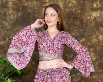 Bohemian Chic Wrap Top || Flared Sleeve Fluid Top || Flowery Print Crop Top || Long Sleeve Top
