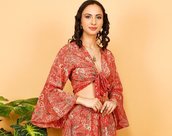 Bohemian Wrap Top || Ombrella Sleeves Fluid Top || Flowy Printed Crop Top || Long Sleeves Top