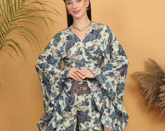 Boho Paisley Wrap Top | Flowy Bell Sleeve with Frill | Gold Highlight Bohemian Festival Blouse