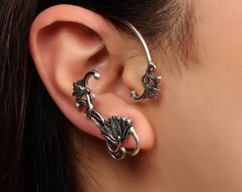 Boho Ear Wrap Earrings | Silver Tone Brass Ear Cuff | Tribal Floral Ear Jewelry | No Piercing Earrings | Nomadic Statement Jewelry