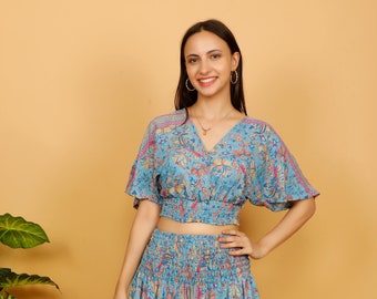 Boho Crop Top Short Flared Sleeves || Floral Print  Blue Short Top || Elasticated Waist Top With Butterfly Sleeves