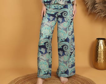 Boho Paisley Wrap Pants | Wide Leg Bohemian Trousers, Polyester Fabric