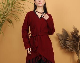 Burgundy Acrylic Wrap Cardigan | Asymmetric Fringe Belted Boho Jacket