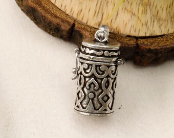 Amulet Box Pendant With Geometrical  Ethnic Motifs || Engraved Cylindrical Openable Locket || Brass Secret Pill Box Pendant