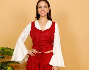 Wine Color Medieval Inspired Lacing Bodice || Viking Sleeveless Cotton Short Vest || Celtic Corset Style Top