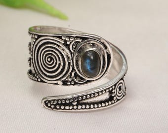 Brass Spiral Ring | Adjustable Wrap Around Brass Ring | Silver Tone Ring | Natural Stone Ring | Boho Statement Ring