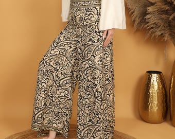 Boho Paisley Wrap Pants | Cream Black Golden Highlight Wide Leg Trousers