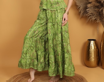 Green Paisley Flare Pants | Boho Wide Leg Trousers | High Waist Tiered Palazzo | Ethnic Print Festival Pants | Relaxed Fit Hippie Bottoms
