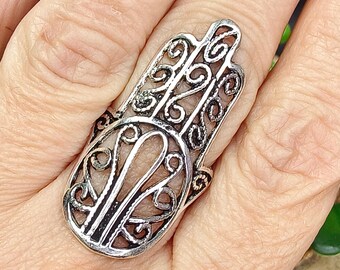 Hamsa Adjustable Boho Filigree Ring || Fatima Hand Brass Ring || Protection Against Evil Eye Ethnic Ring  || Mystical & Spiritual Jewelry