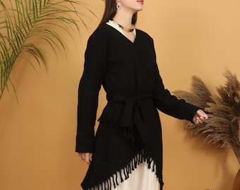 Black bohemian wrap sweater | Fringed acrylic cardigan | Belted top | Asymmetrical long-sleeved  wrap cover up