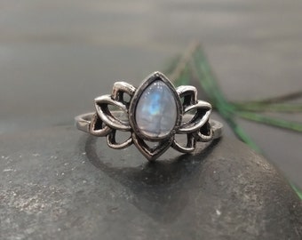 Lotus Adjustable Ring With Semi Precious Stone || Bohemian Chic Adjustable Brass Ring || Ethnic Ring Symbol of Spiritual Elevation