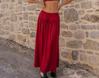Medieval Plain Skirt With Laced Belt || Corset Belt Viscose Long  Flowing Skirt || Boho Wine Color Free Size Petticoat