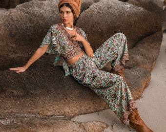 Floral Print Casual Pants || Bohemian Green Pants with Pockets || Wide Fluid Pants