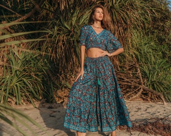 Bohemian Wide Pants || Floral Print Flared Pants || Fluid Palazzo Pants ||  Ruffled Trouser  | Pants-skirt