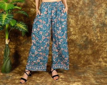 Petrol Blue Floral Print Casual Pants || Bohemian Pants with Pockets || Wide Fluid Pants