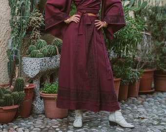 Tibetan Burgundy Bohemian Long Skirt || Block Print Flared Skirt Hand Printed || Raw Cotton Wrap On  Skirt || Free Size Vegetable Dye Skirt