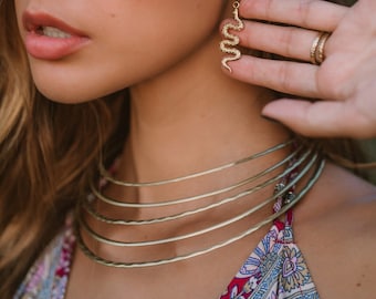 Hammered Brass Ethnic Choker Necklace || Rigid Multi Rows Collar Necklace || Tribal Torque Necklace || Wide Mat Choker Collar