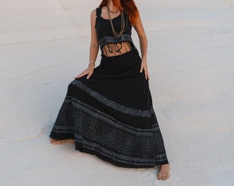 Black Free Size Black Bohemian Chic Long Skirt || Discharged Block Print Hand Printed  Flared Skirt || Natural Dye Raw Cotton Wrap On  Skirt