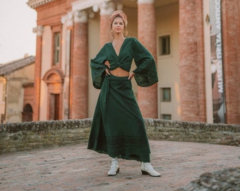 Bottle Green Bohemian Long Skirt || Block Print Flared Skirt Hand Printed || Hemp Wrap On  Skirt || Free Size Vegetable Dye Skirt