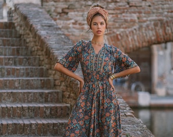 Boho Short Sleeves Dress ||  Floral Contrasted Prints Long Dress || Fluid Buttoned Maxi Dress || Black Maxi Dress || Butterfly Sleeves Dress