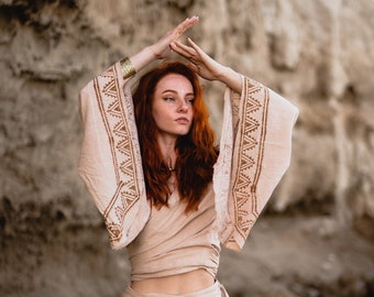 Bohemian Chic Wrap Top || Flared Sleeves Raw Cotton Top || Beige Vegetable Dye Top || Top Prints Block print || Handmade Top