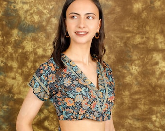 Bohemian Chic Black Backless Top || Short Sleeves Open Back Crop Top || Contrasted Floral Print Ethnic Crop Top