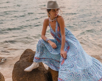 Bohemian  Halter Dress || Long Ruffled Open Back Dress || Summer Free Size Flowy Dress || Backless Ethnic Ikat Print Dress