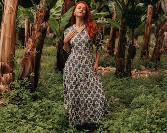 Boho Floral Shirt Dress || Buttoned Maxi Dress || Floral Cotton Long Dress || Cotton Ruffle Dress || Long Sleeve Shirt Collar Dress