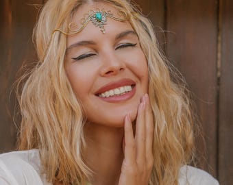 Brass Elven Tiara: Gemstone Swirls, Medieval Fantasy Headband