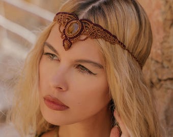 Macrame Gemstone Tiara: Handwoven Cotton Elven Headband