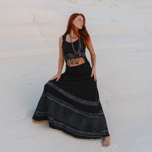 Free Size Bohemian Chic Long Skirt || Block Print Flared Skirt Hand Printed || Natural Colored Raw Cotton Wrap On  Skirt