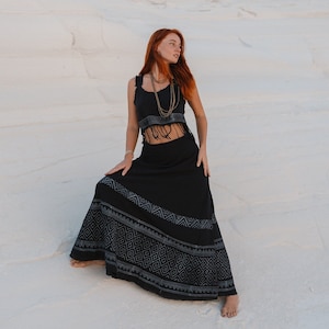 Black Free Size Black Bohemian Chic Long Skirt || Discharged Block Print Hand Printed  Flared Skirt || Natural Dye Raw Cotton Wrap On  Skirt