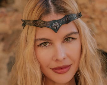 Leather Viking Tiara: Celtic Flower of Life Gemstone Headband