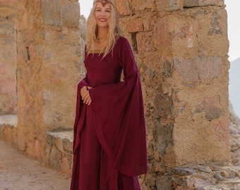 Handmade Burgundy Medieval Dress: Viscose Gown with Lace-Up & Umbrella Sleeves