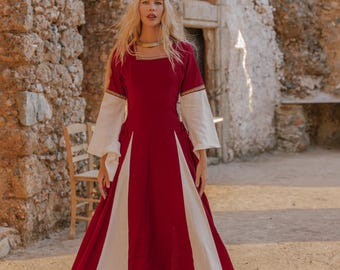 Handmade Medieval Cotton Gown: Wine & Off-White Laced Cosplay Dress
