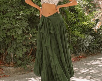 Long  Bottle Green Boho Cotton Veil Skirt || Flowing Skirt for Gypsy Dancing || Maxi Skirt With Ruffles For Oriental Dance