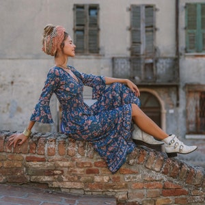 Bohemian Floral Dress || 3/4 Sleeves Colorful Fluid Dress || Free Size Summer Dress || Petrol Blue Flared Sleeves Dress