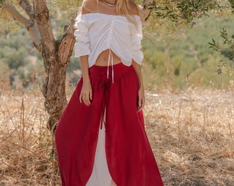 Medieval Inspired Viscose Skirt: Wine & White Corset Belt, Renaissance Faire